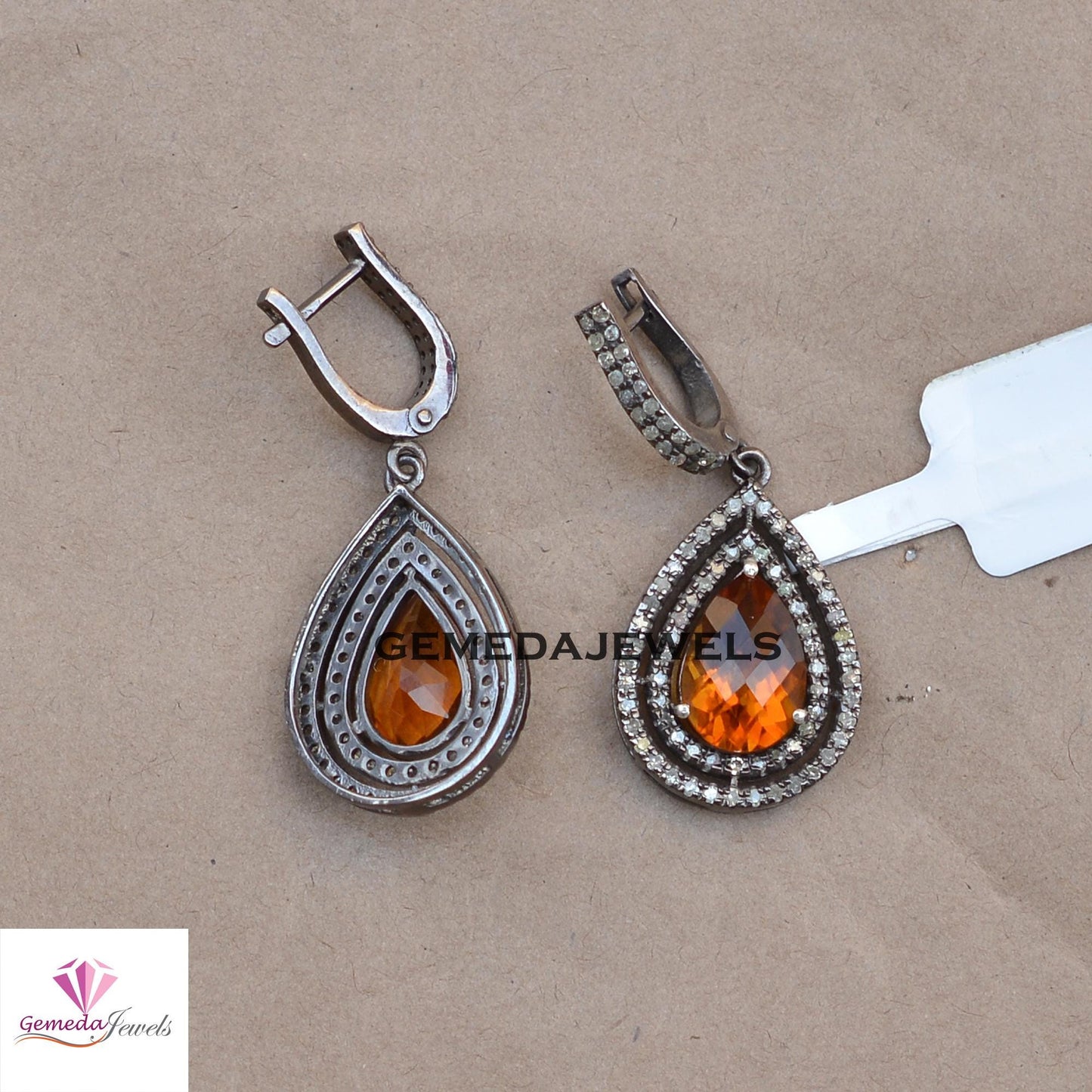 Sale!! Stunning Citrine Gemstone Earrings, Oxidized 925 Silver Jewelry, Pave Diamond Earrings, Gemstone Jewellery, Women's Gift Jewelry