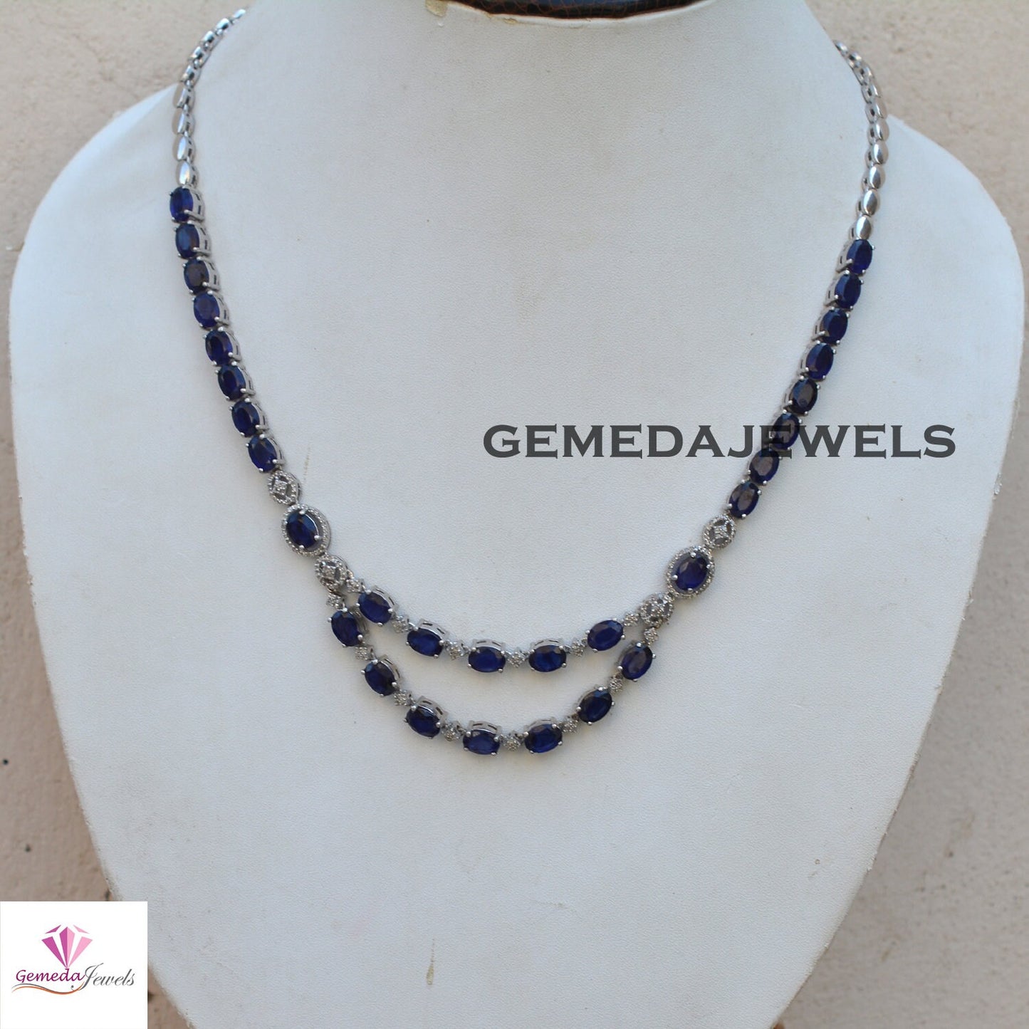 Sparkling Blue Sapphire Necklace, Sapphire Earrings Jewelry, Pave Diamond Jewelry Set, 925 Silver Jewelry, 19" Necklace Jewelry Gift For Her