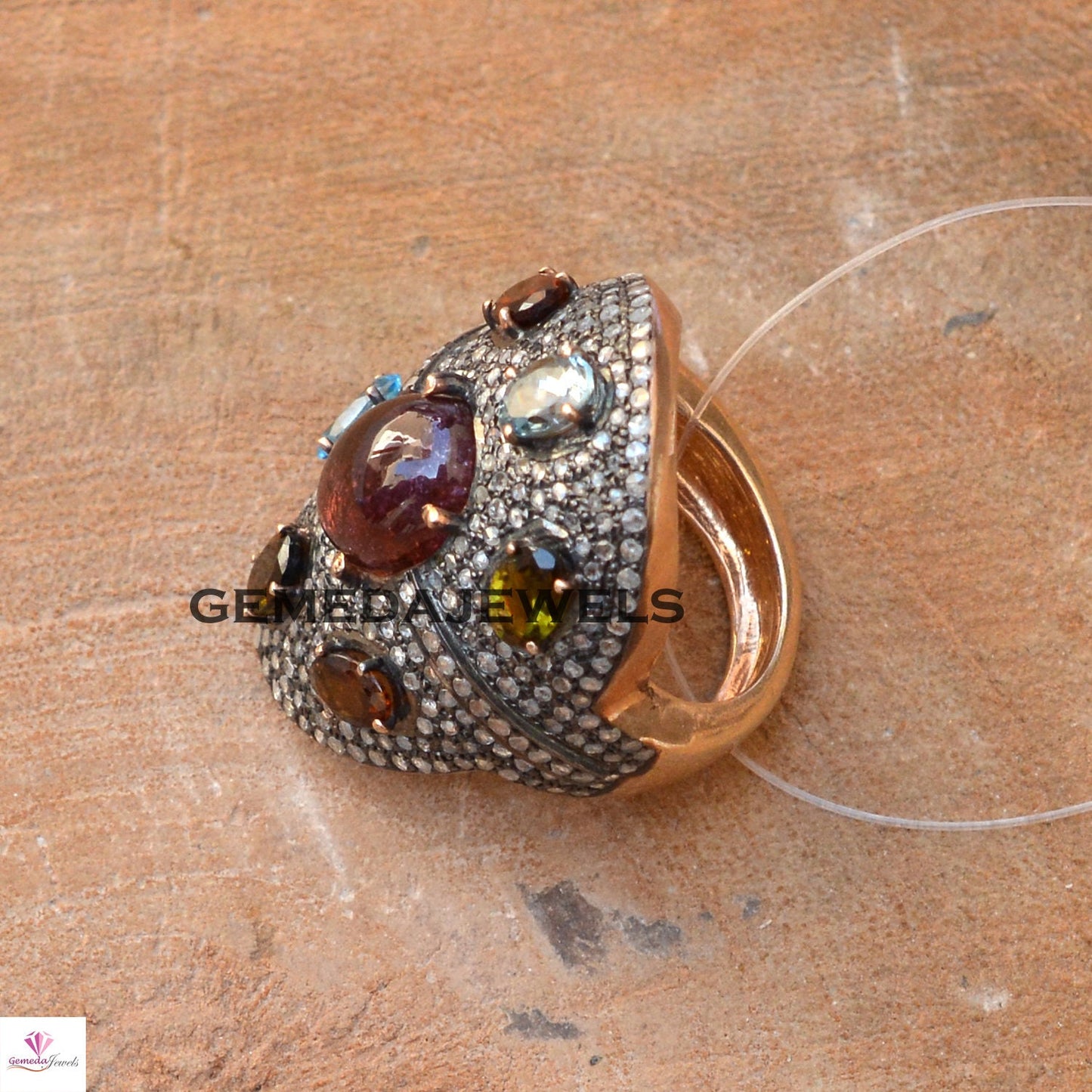 Multi Gemstone Ring, Pave Diamond Ring, Rose Gold Plated Ring, 925 Silver Jewelry, Gemstone Silver Ring, 4th Anniversary Gift, Wedding Gifts