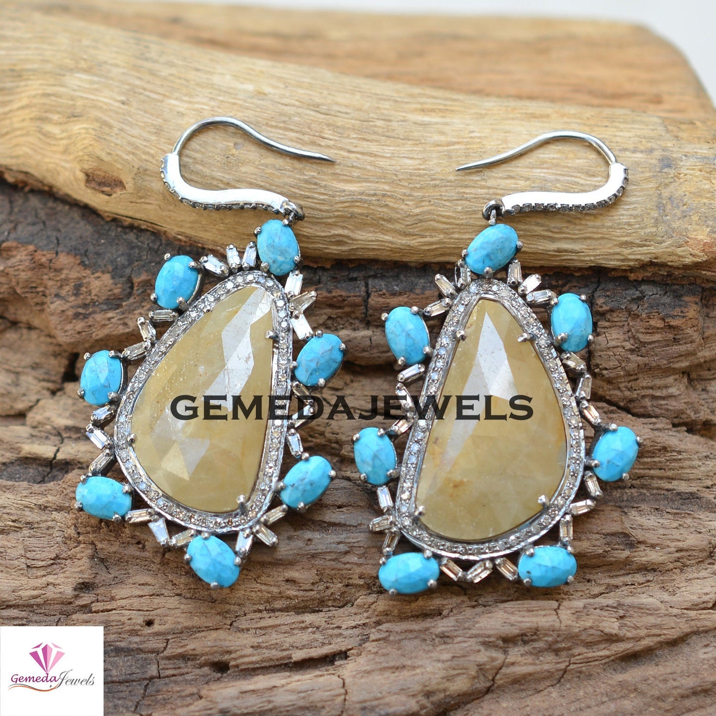 Sapphire Slice Gemstone Earrings, Turquoise Earrings Jewelry, Baguette Diamond Pave Jewelry, 925 Silver Ear Wire Earring, Mothers Day Gift