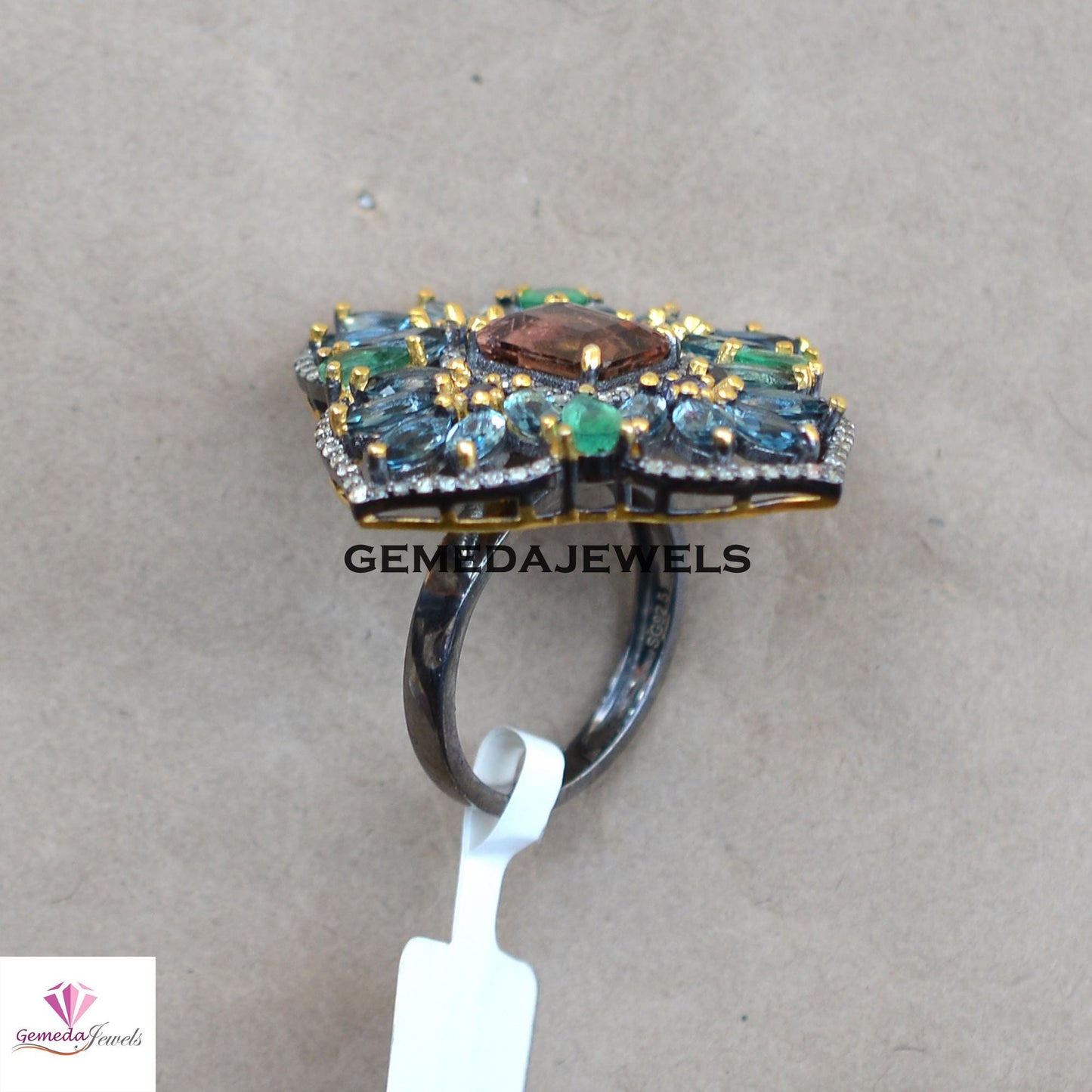 Tourmaline Flower Ring, Emerald 925 Silver Ring, Pave Diamond Jewelry, Sapphire Gemstone Ring, Rhodium Plated Jewelry, Valentine's Day Gift