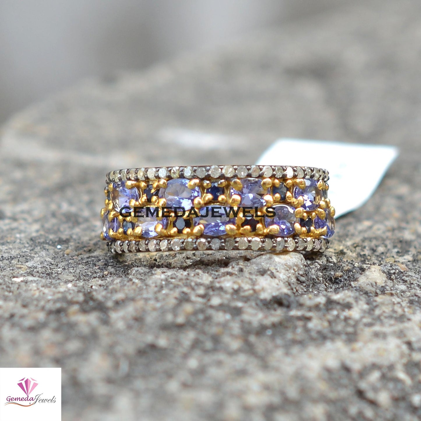 Natural Tanzanite Gemstone Ring, Sapphire Band Ring Jewelry, Pave Diamond Ring, Solid 925 Silver Jewelry, 14k Gold Plated Jewelry, Gift
