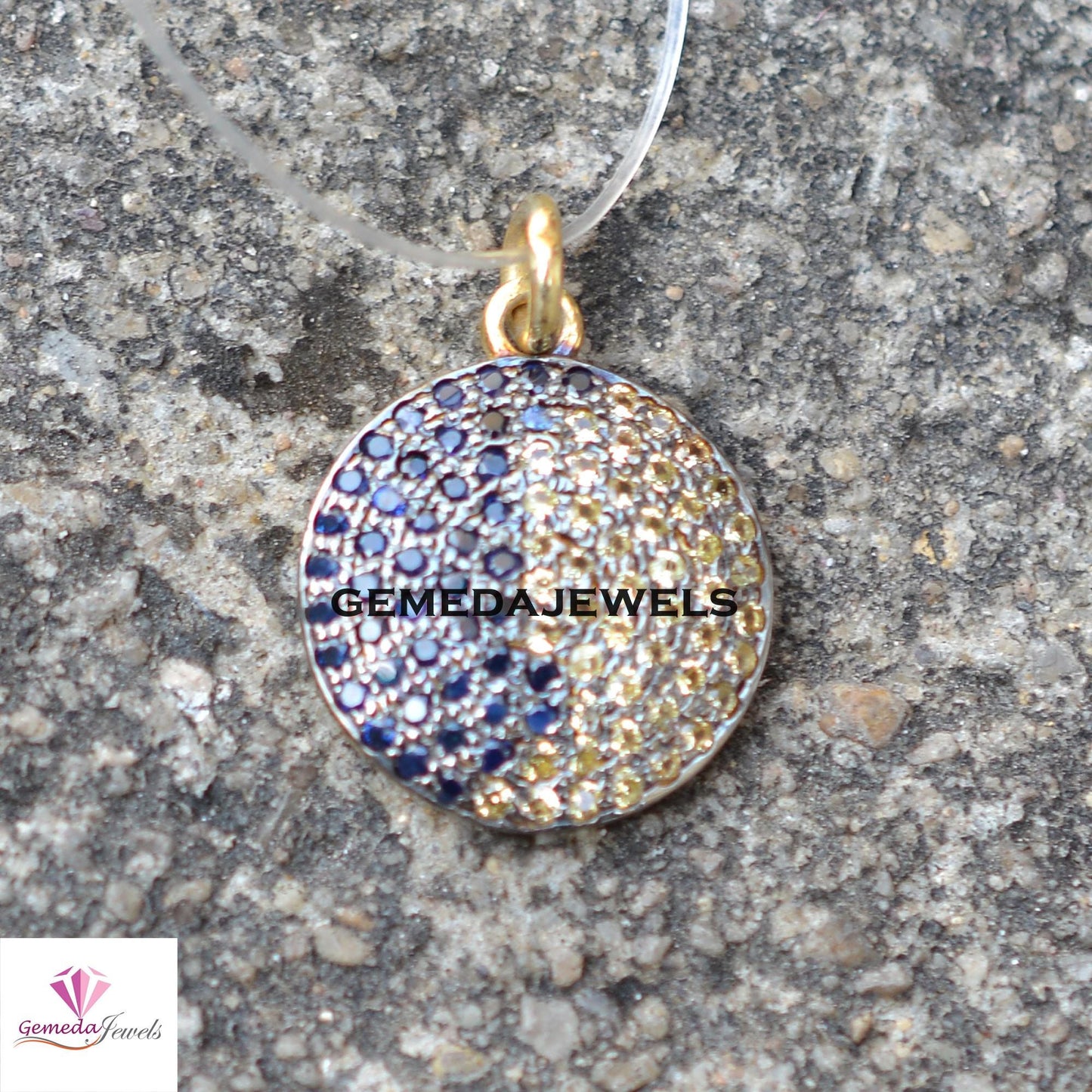 Natural Sapphire Pendant, Citrine Gemstone Pendant, 16" Silver Link Chain Necklace, Pave Diamond Jewelry, Disc Charm Pendant, Minimalist