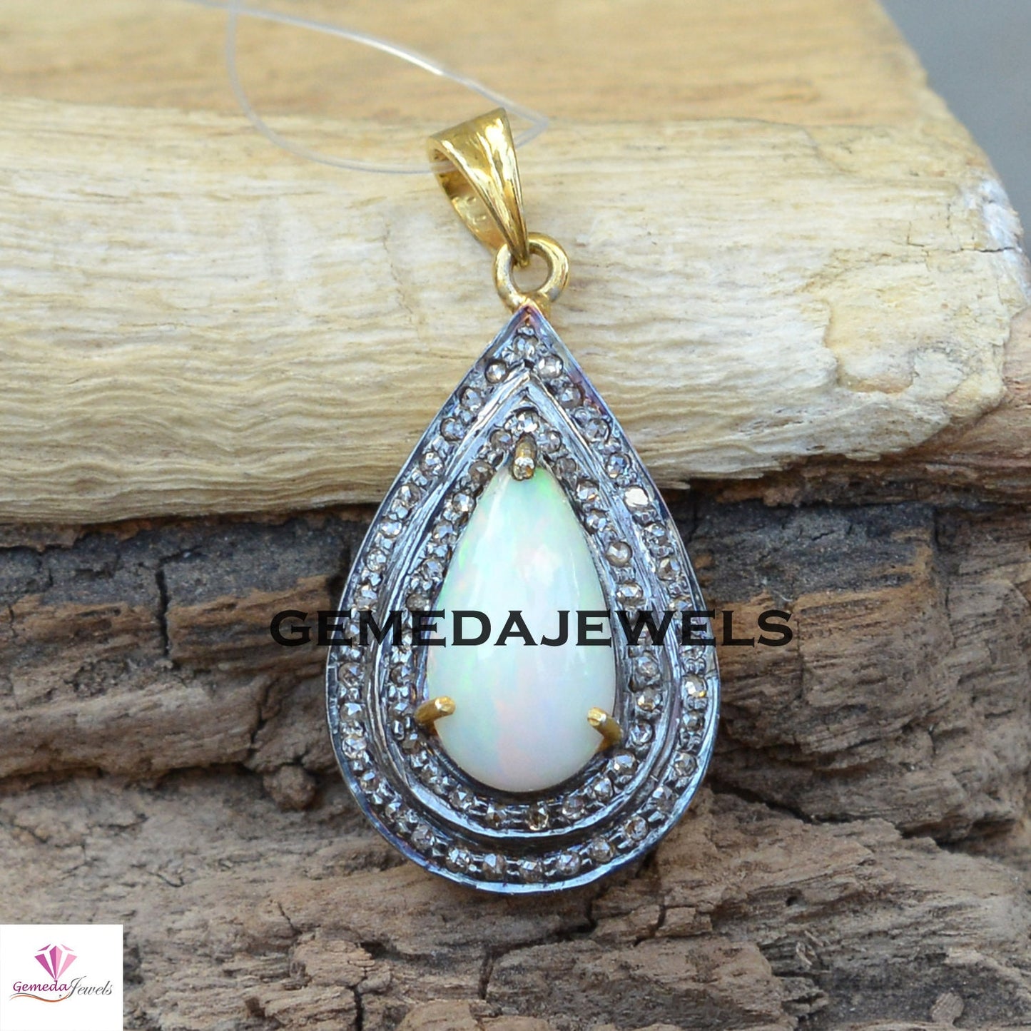 Natural Opal Pendant, Pave Diamond Jewelry, Gemstone Silver Pendant, 925 Silver Jewelry, Gold Plated Pendant, 16" Chain Necklace Jewellery