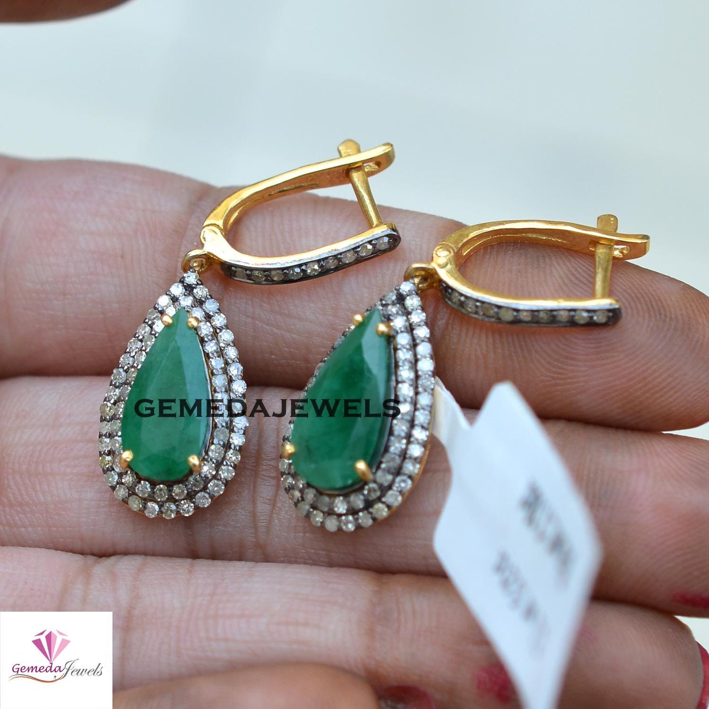 Natural Emerald Gemstone Earrings, 925 Silver Jewelry, 14k Gold Plated Earring, Pave Diamond Earrings Jewelry, Minimalist Jewelry, Gift