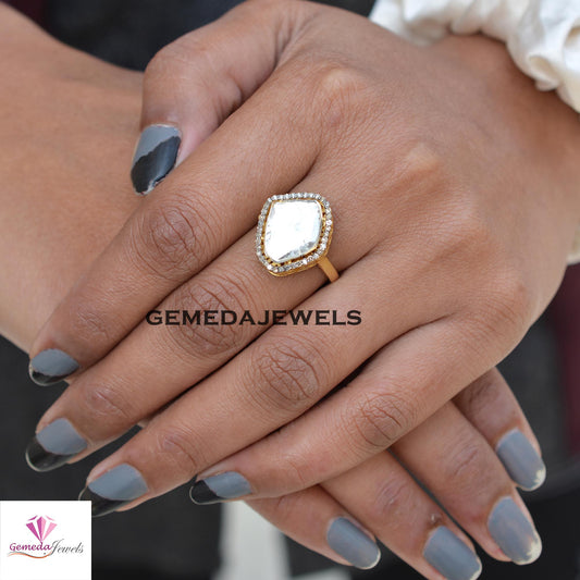 Charming Polki Diamond Ring, 925 Sterling Silver Jewelry, 14k Gold Vermeil Ring, Pave Diamond Jewelry, Valentine's Day Gift, Unisex Jewelry