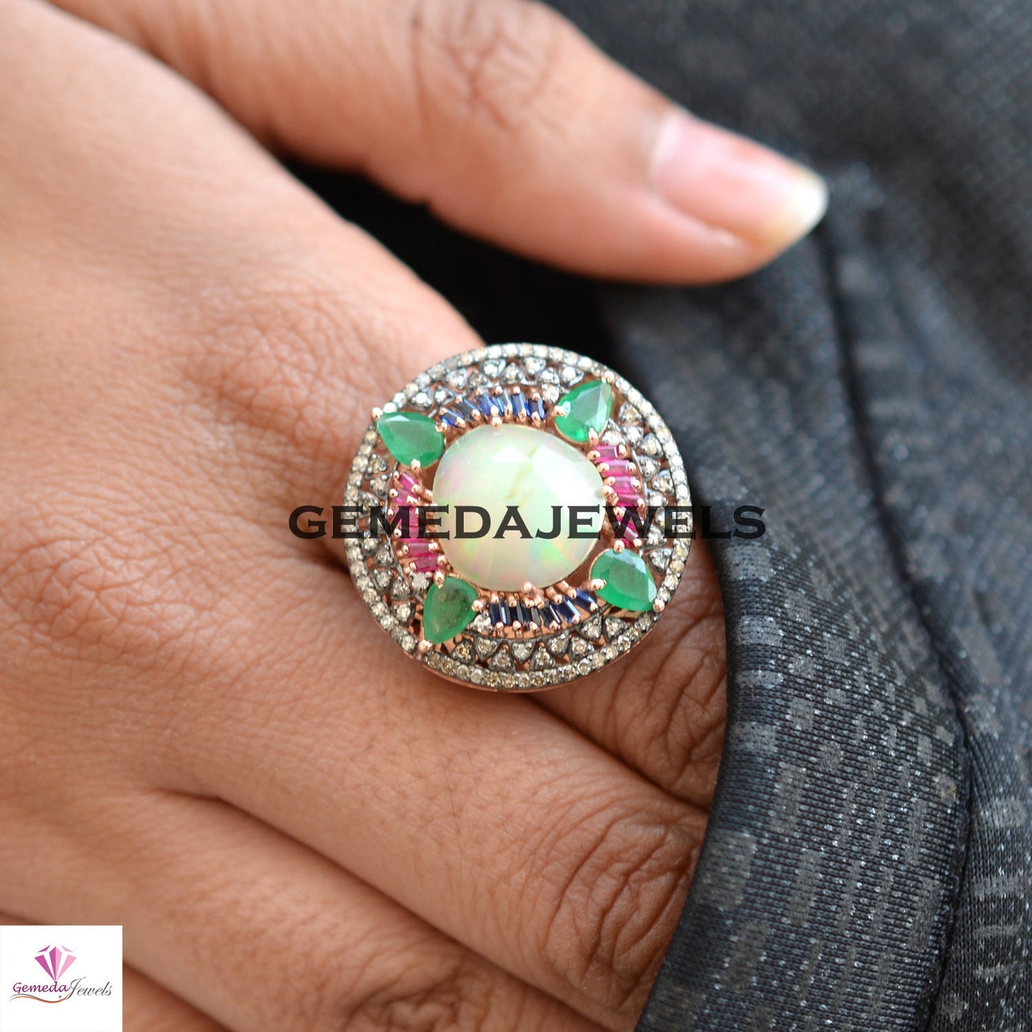 Genuine Opal 925 Silver Ring, Pave Diamond Jewelry, Baguette Gemstone Jewelry, Gemstone Diamond Flower Ring, Emerald Gemstone Ring, Gift