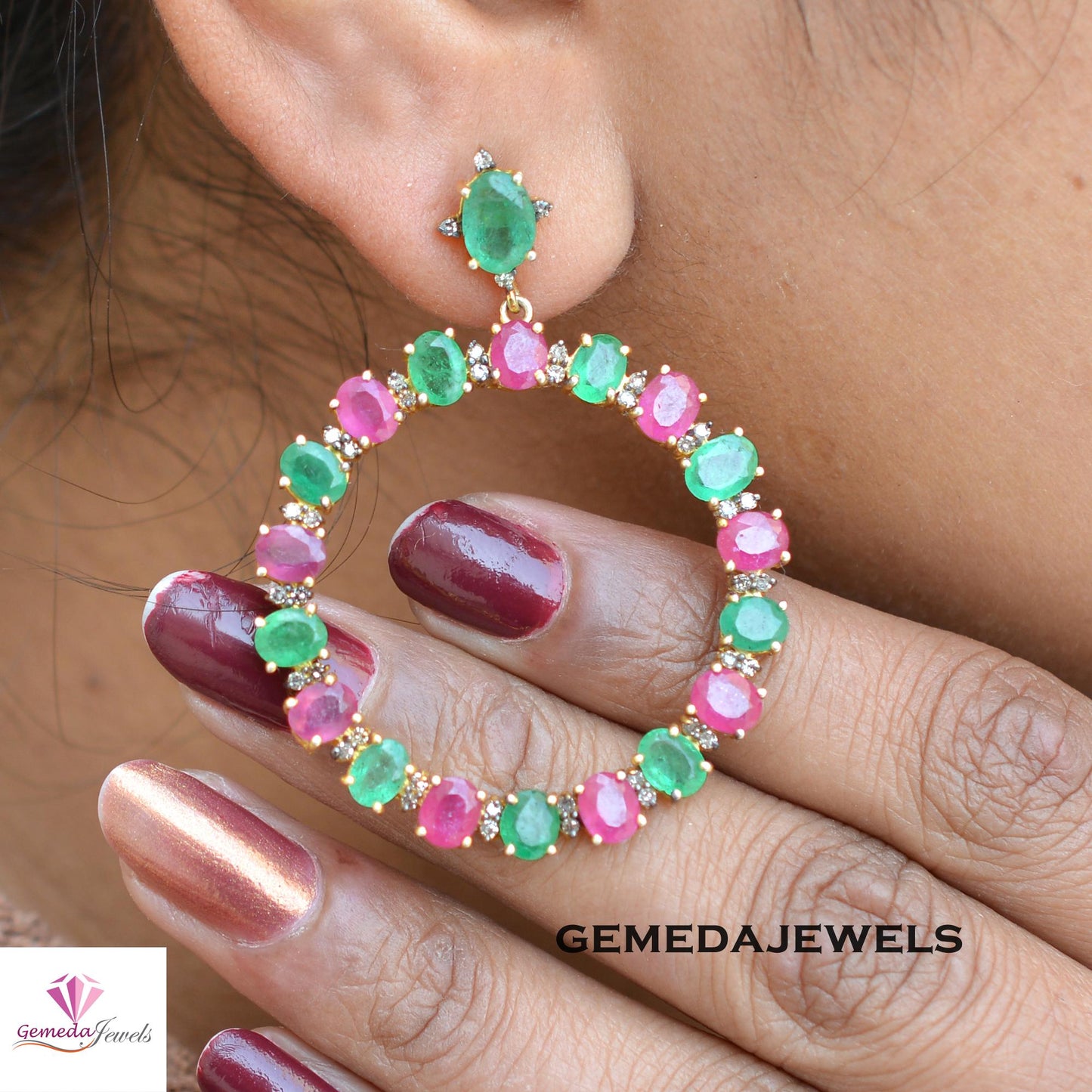 Sale!! Natural Emerald Gemstone Earrings, Ruby 925 Silver Earring Jewelry, Pave Diamond Earrings, Gold Vermeil Jewelry, Women's Jewelry