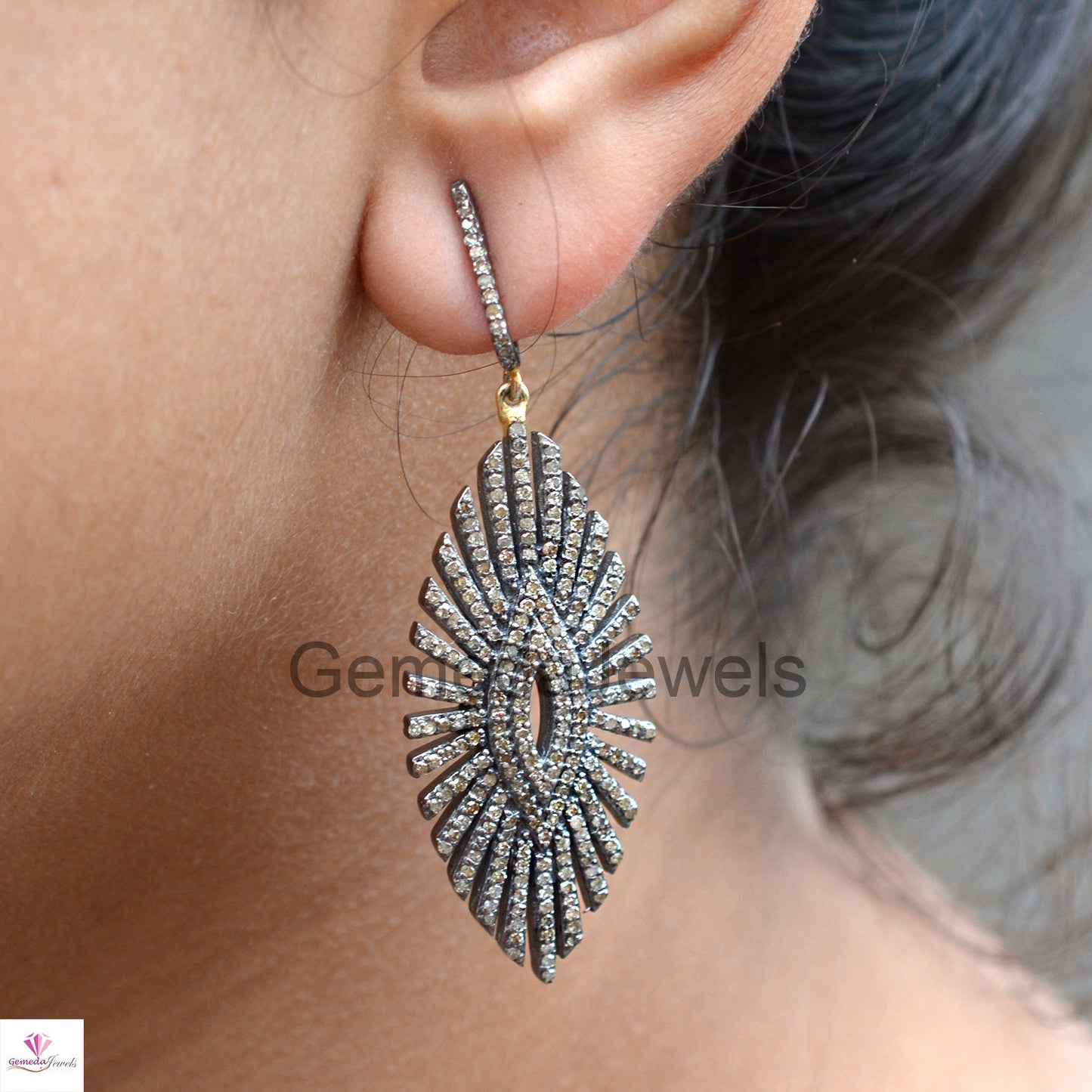 2.95cts Pave Diamond Earring, Sterling Silver Jewelry, 14k Gold Earrings, Diamond Starburst Earrings, Pave Diamond Jewelry, Christmas Gift