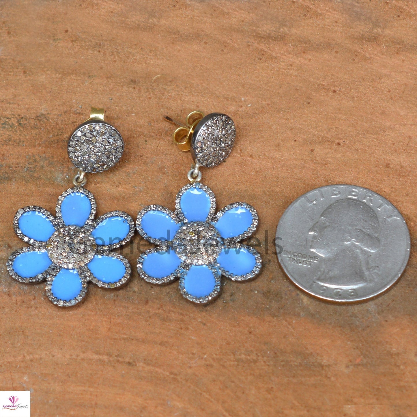 1.80cts Pave Diamond Earrings, 14k Gold Earring Jewelry, 925 Silver Earrings, Blue Enamel Earrings, Diamond Flower Earrings, Gift For Her