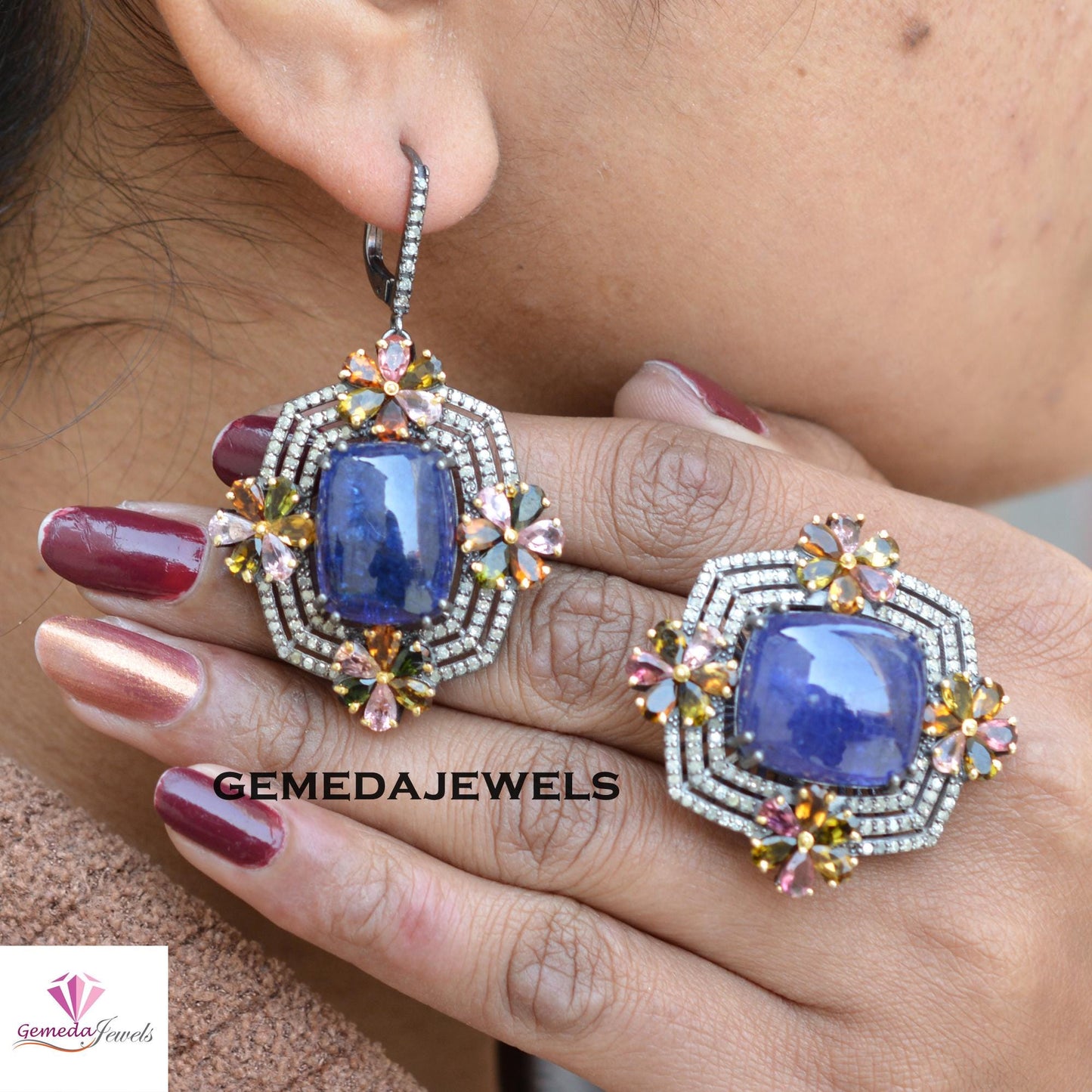 Natural Tanzanite Gemstone Jewelry Set, Tourmaline Gemstone Flower, Pave Diamond Silver Jewelry, Gemstone Ring Earrings Set, Wedding Jewelry