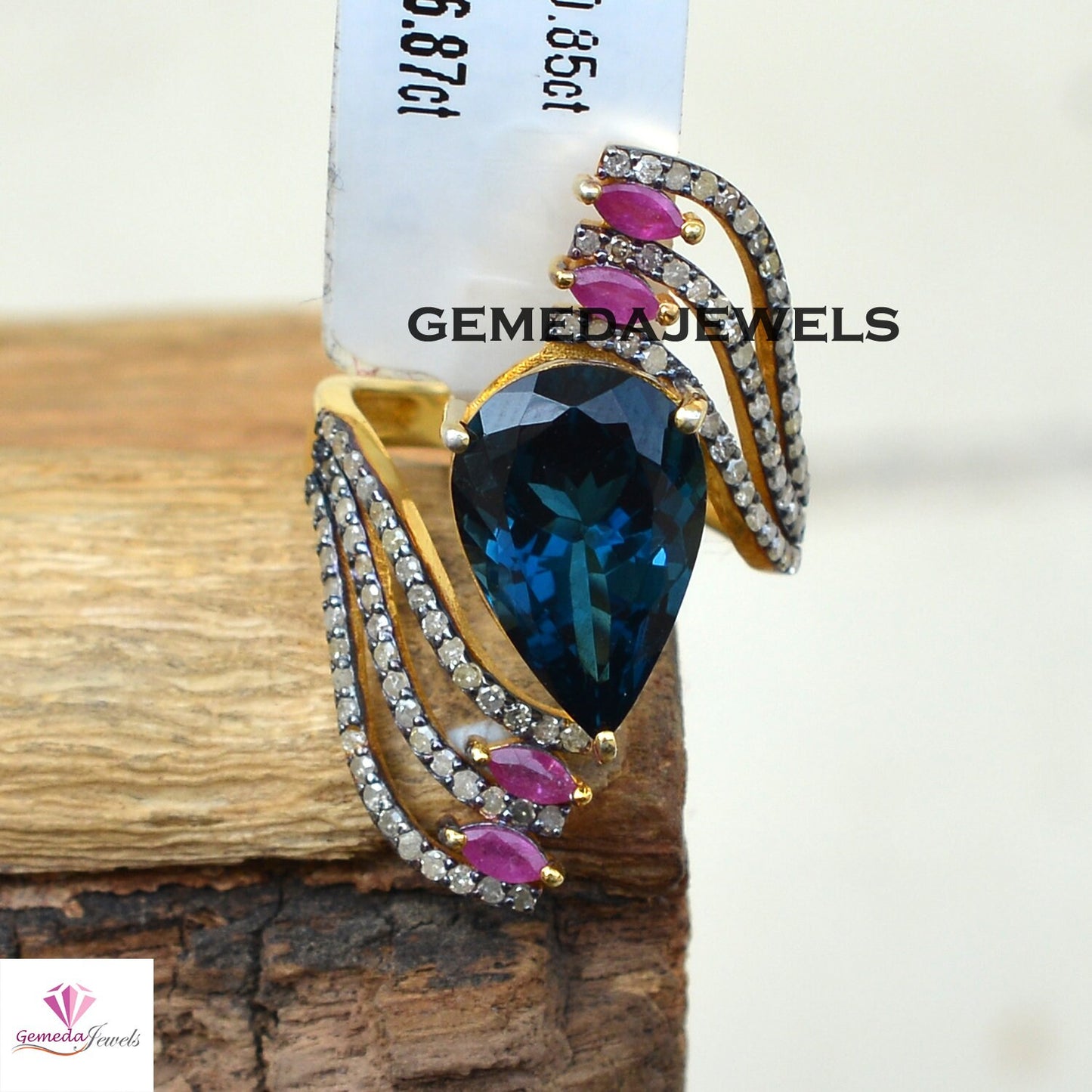 Sparkling Blue Topaz Ring, Pave Diamond Jewelry, Ruby Gemstone Ring, 925 Silver 14k Gold Plated Jewelry, Wedding Gift Jewelry, Gift For Her