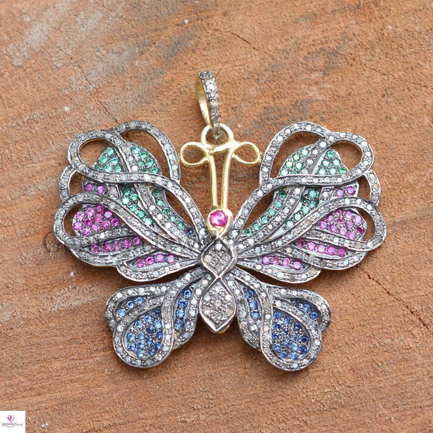 Genuine Multi-Gemstone Butterfly Pendant, 925 Silver Pave Diamond Butterfly Pendant Necklace, Women Gift Jewelry, Christmas Gifts For Her