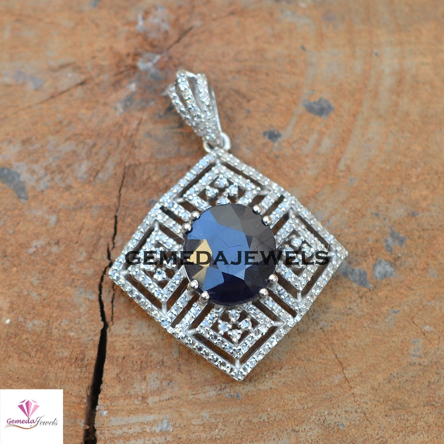 Sparkling Blue Sapphire Pendant, 925 Sterling Silver Jewelry, Pave Diamond Pendant, Gemstone Silver Jewelry, 16" Link Chain Pendant Necklace