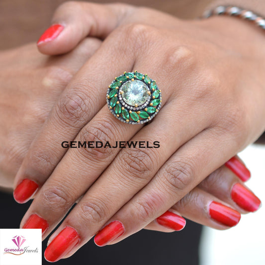 Sale! Classic Green Amethyst 925 Silver Ring, Emerald Gemstone Jewelry, Pave Diamond Ring, Rhodium Plated Ring Jewelry, Wedding Gift Jewelry