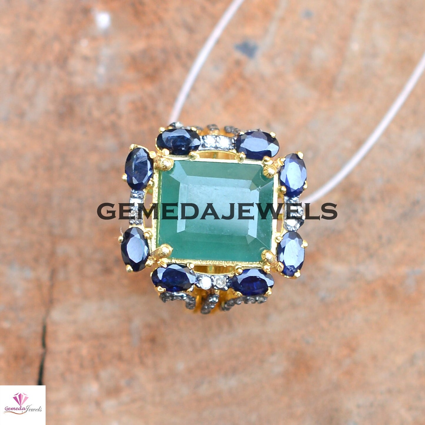 Genuine Emerald Ring, Blue Sapphire Gemstone Ring, Pave Diamond Jewelry, 925 Silver Ring Jewelry, Gold Vermeil Ring, Statement Ring, Gifts