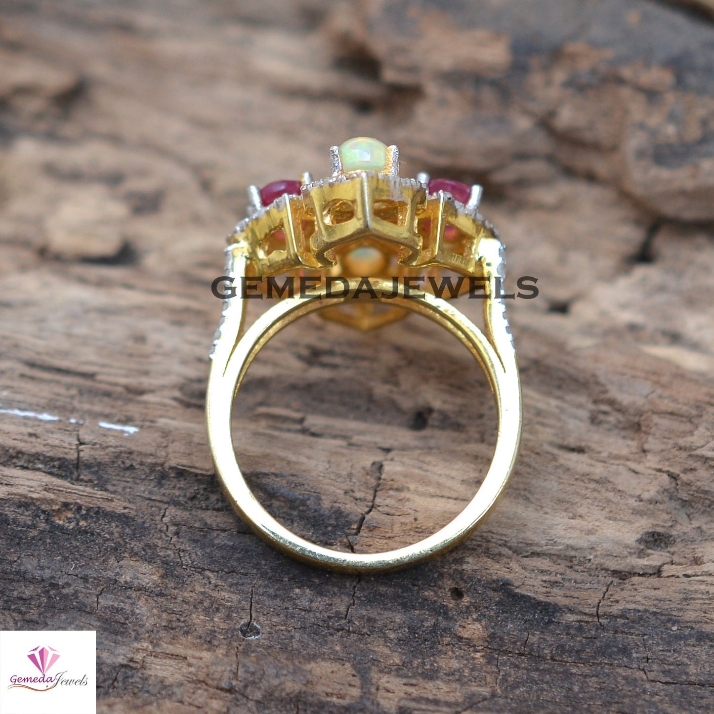 Opal Gemstone Ring, Ruby Silver Ring, Pave Diamond Jewelry, Sterling Silver Jewelry, Gemstone Diamond Ring, 14k Vermeil Plated Jewelry, Gift