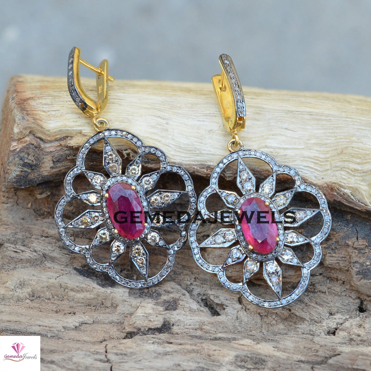 Ruby Flower Earrings, Pave Diamond Earring, 14k Gold Vermeil Jewelry, 925 Silver Earrings, Gemstone Silver Earrings, Wedding Gifts Jewelry