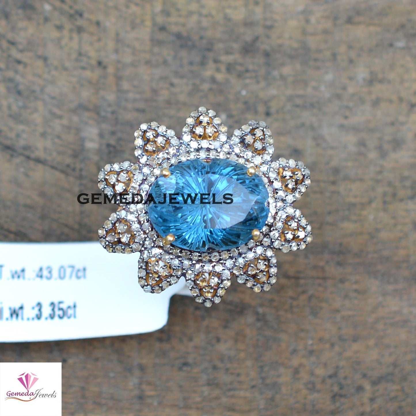 Blue Topaz Earrings, Pave Diamond Flower Earrings, 925 Silver Jewelry, Gemstone Diamond Ring Earrings JEWELLERY SET, Gold Vermeil Jewelry