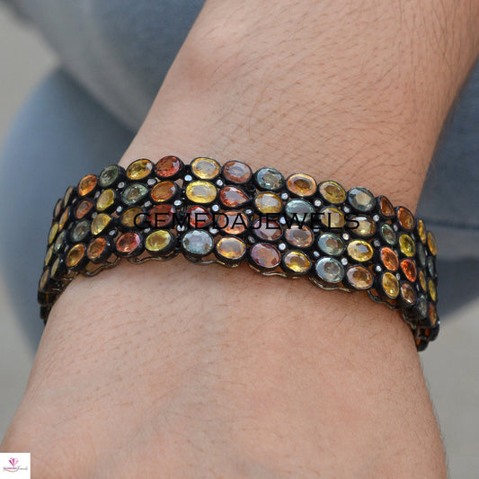 Multi Color Tourmaline Bracelet, Pave Diamond Jewelry, Solid 925 Sterling Silver Jewelry, Diamond Gemstone Bracelet, Wedding Gift Jewelry