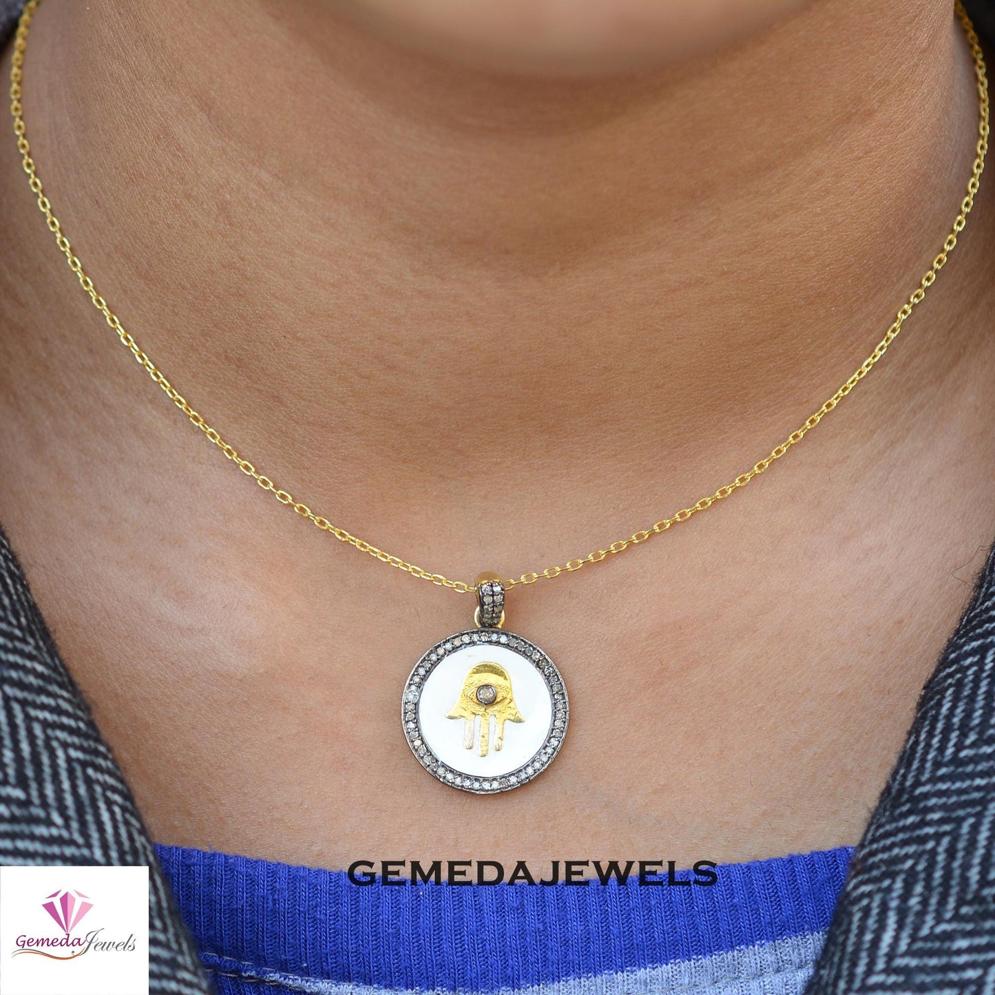 Sale! Genuine Pave Diamond Hamsa Pendant, Round Pendant Jewelry, 16" Link Chain Necklace, 925 Silver Jewelry, 14k Gold Vermeil Pendant, Gift
