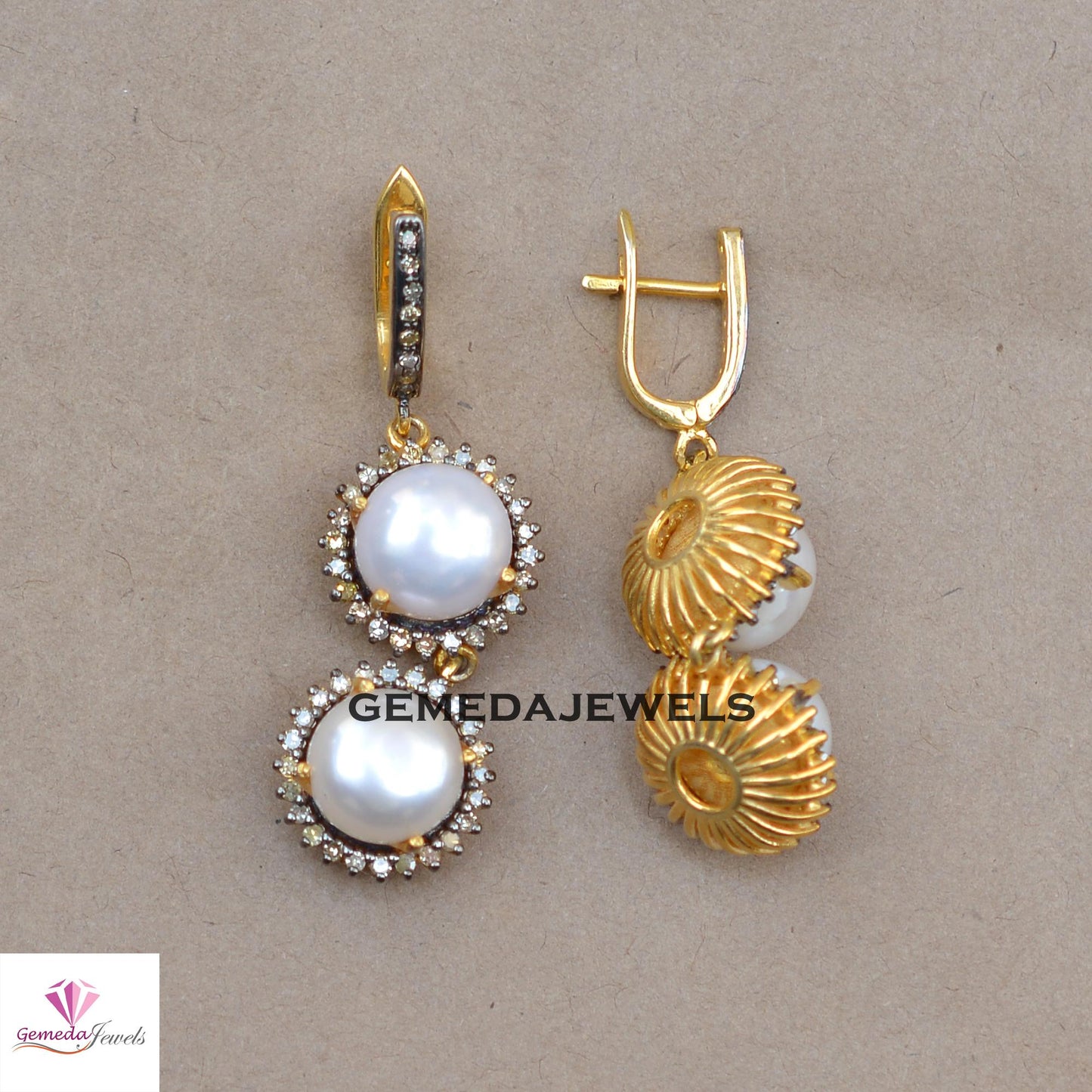 Charming White Pearl Earrings, Dazzling Pave Diamond Jewelry, Sterling Silver Jewelry, 14k Gold Vermeil Earrings, Gemstone Earring, Wedding