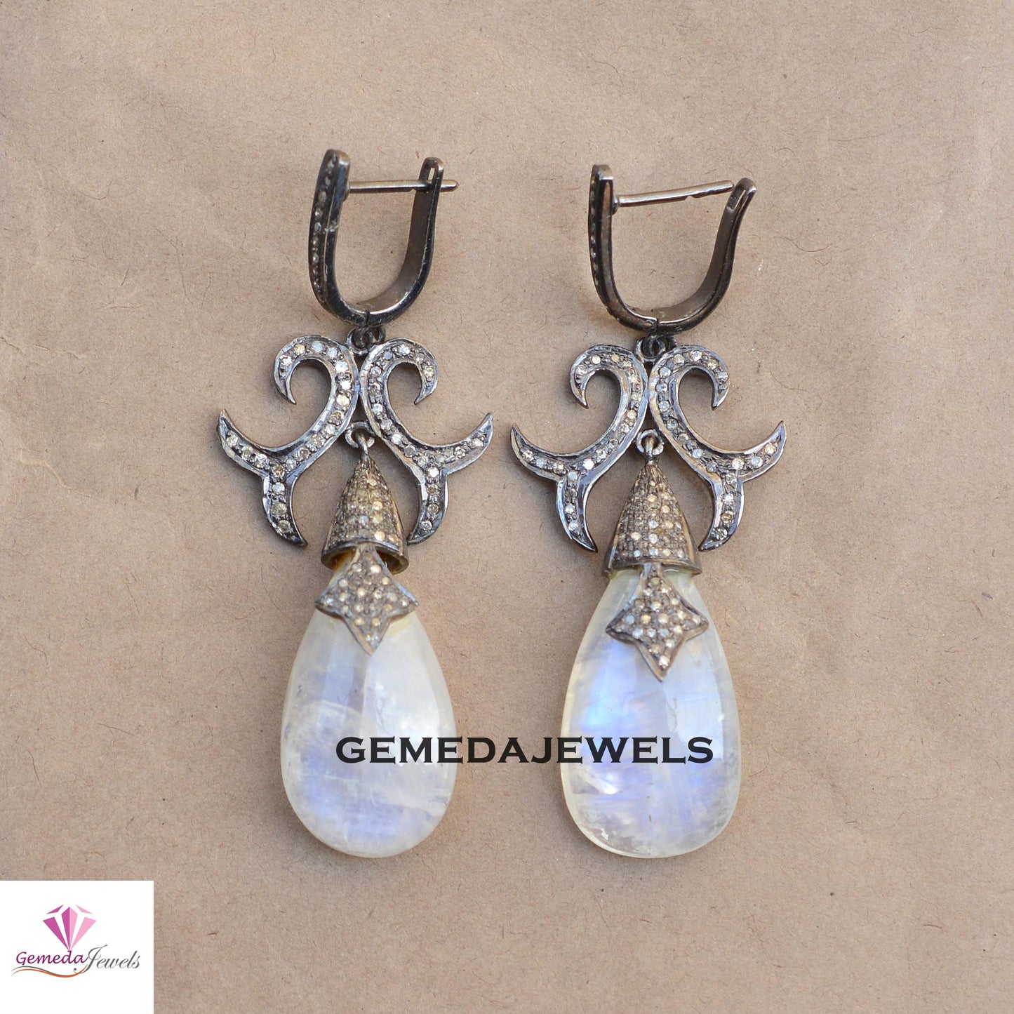 Sale!! Moonstone Gemstone Earrings, Pave Diamond Jewelry, Drop Dangle Designer Earring, Rhodium Plated 925 Silver Jewelry, Gift For Her