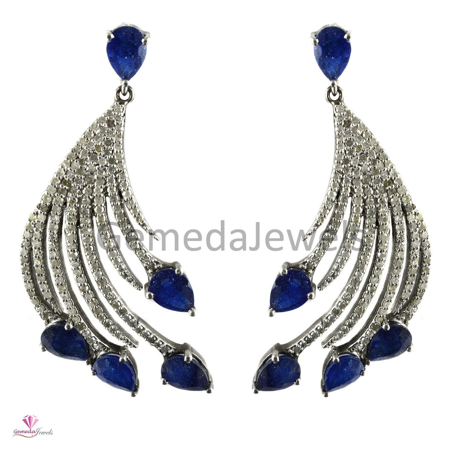 1.96 CTS Real Pave Diamond Earrings, Kyanite Gemstone Jewelry, 925 Silver Dangle Earring,  Designer Diamond Jewelry, Oxidized Silver Jewelry