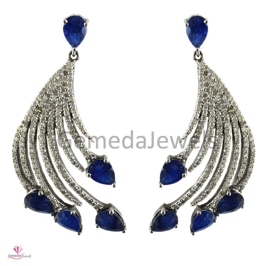 1.96 CTS Real Pave Diamond Earrings, Kyanite Gemstone Jewelry, 925 Silver Dangle Earring,  Designer Diamond Jewelry, Oxidized Silver Jewelry
