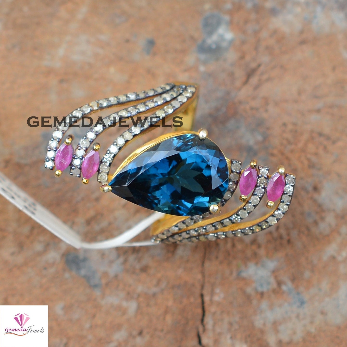 Sparkling Blue Topaz Ring, Pave Diamond Jewelry, Ruby Gemstone Ring, 925 Silver 14k Gold Plated Jewelry, Wedding Gift Jewelry, Gift For Her