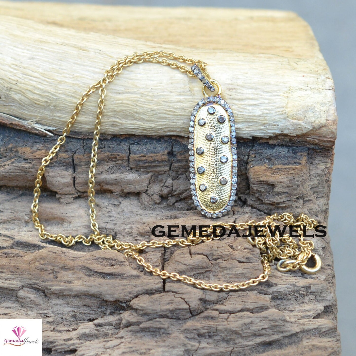 Pave Diamond Charm Pendant, 925 Silver Jewelry, 14k Gold Vermeil Pendant, 16" Silver Link Chain Necklace, Diamond Silver Jewellery, Gift