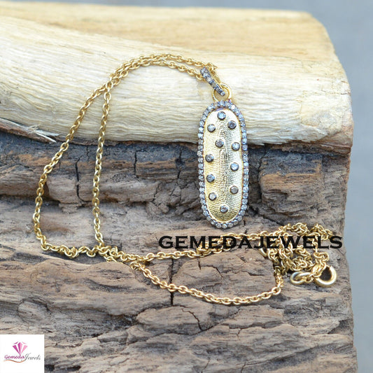 Pave Diamond Charm Pendant, 925 Silver Jewelry, 14k Gold Vermeil Pendant, 16" Silver Link Chain Necklace, Diamond Silver Jewellery, Gift