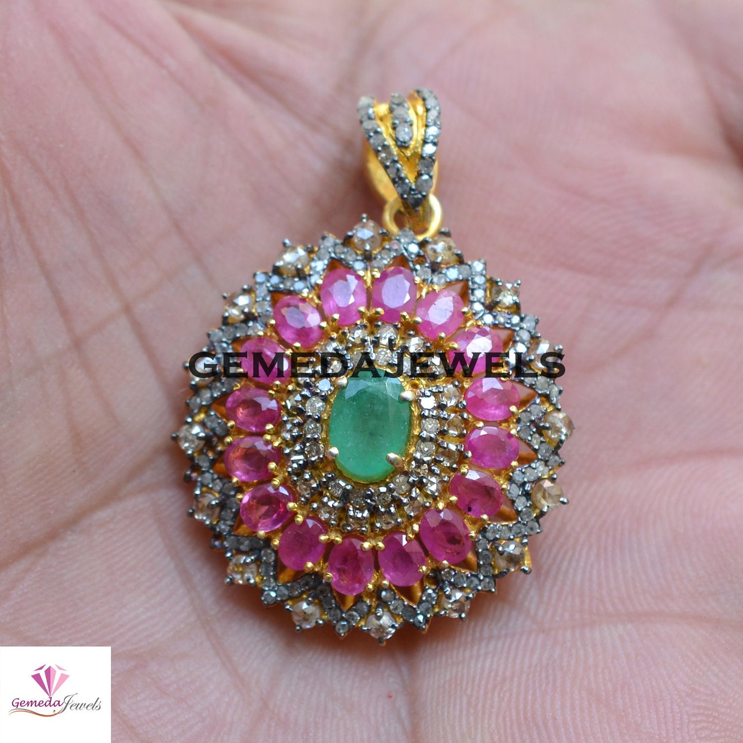Natural Emerald Gemstone Pendant, Ruby 925 Silver Pendant, Pave Diamond Jewelry, Gemstone Flower Pendant, Gold Vermeil Jewelry, Gift For Her