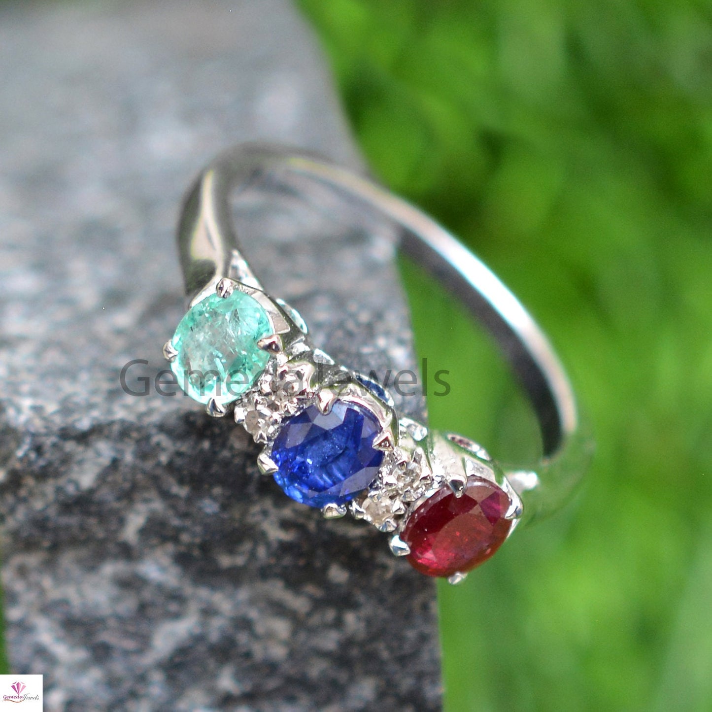 Natural Faceted Gemstone Ring, Emerald Ruby Sapphire Ring, Diamond Silver Ring, Gemstone Band Ring, 925 Silver Jewelry, Valentine Day Gift