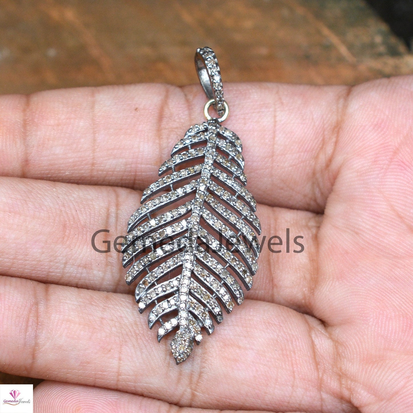 1.33Cts Genuine Pave Diamond Pendant, Diamond Feather Jewelry, Sterling Silver, Leaf Diamond Jewelry, 16" Chain Leaf Pendant Necklace, Gifts