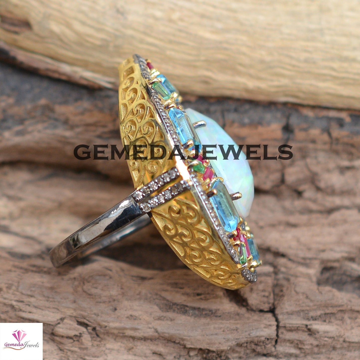 Charming Opal Gemstone Ring, Baguette Gemstone Ring, Pave Diamond Jewelry, Sterling Silver Ring, 14k Gold Vermeil Jewelry, Wedding Jewellery