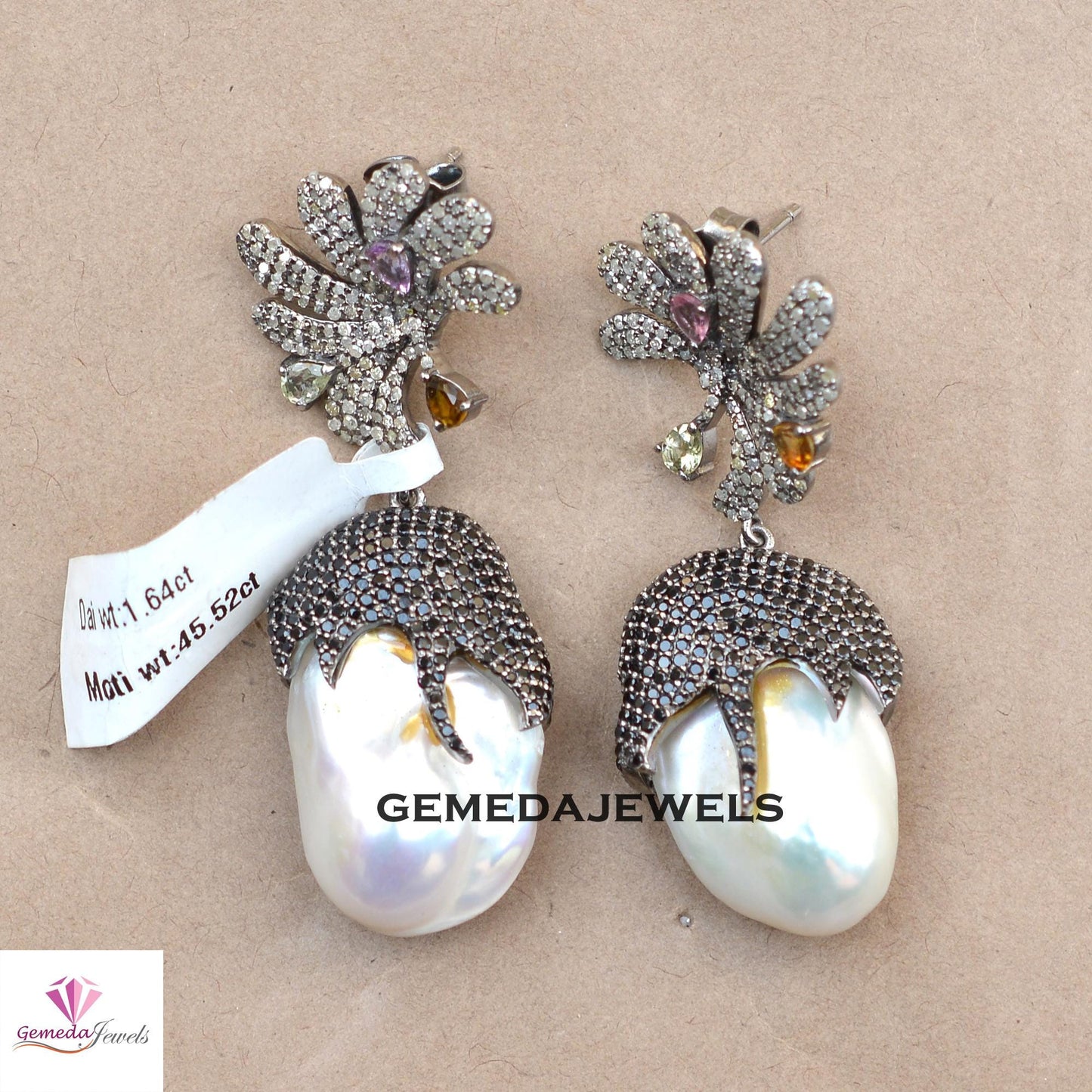 Pearl Earrings, Black Spinel Gemstone Jewelry, Multi Tourmaline Gemstone, 925 Silver Jewelry, Women's Gift Jewelry, Pave Diamond Earrings