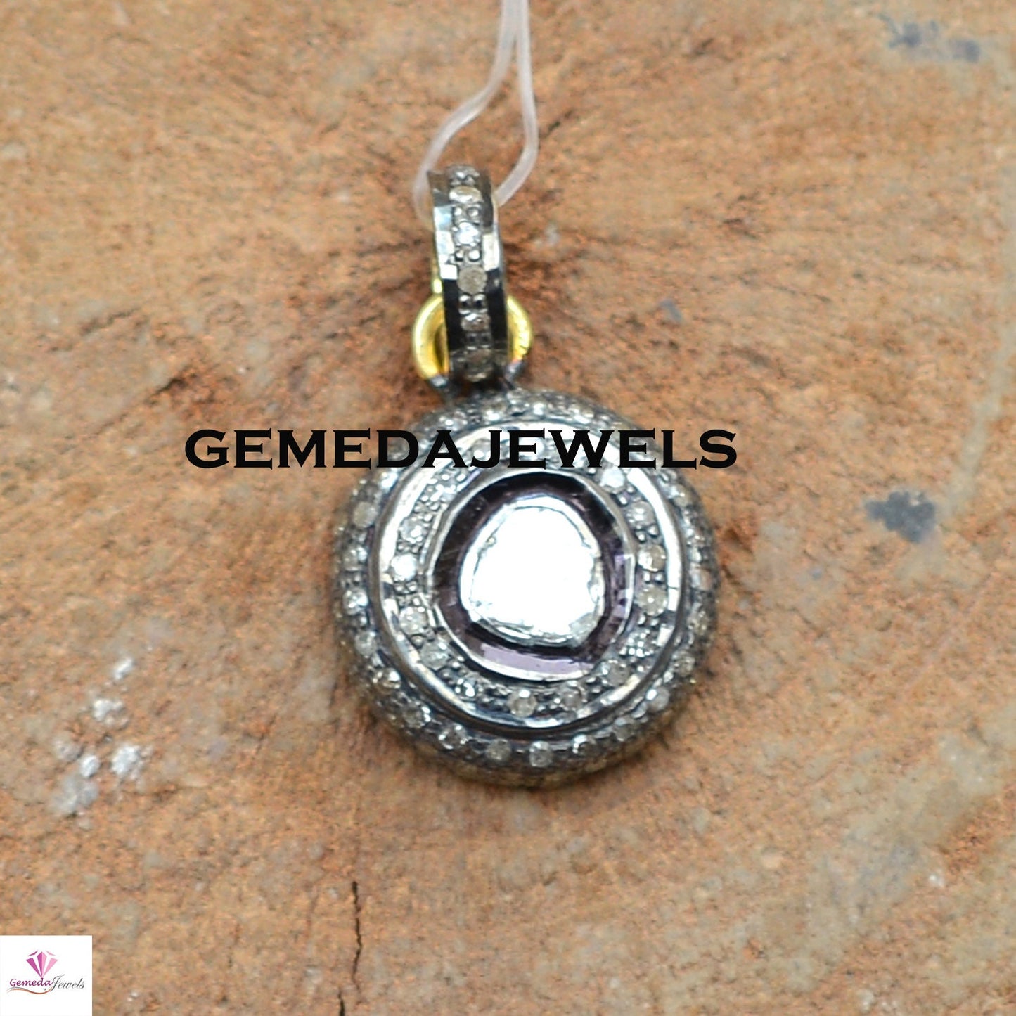 Polki Diamond Pendant, 14k Gold Plated Jewelry, Pave 925 Silver Pendant, Round Shape Pendant, 16" Silver Link Chain Necklace Pendant, Gift