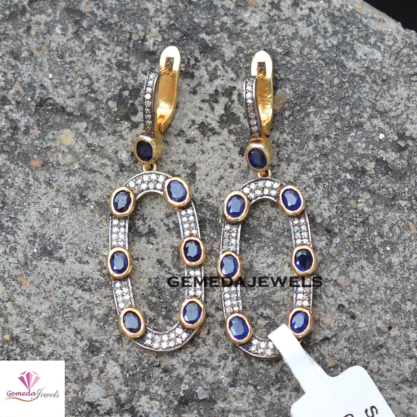 Sale! 925 Silver Gold Vermeil Jewelry, Blue Sapphire Earrings, Pave Diamond Earrings Jewelry, Gemstone Silver Jewelry, Women's Gift Jewelry