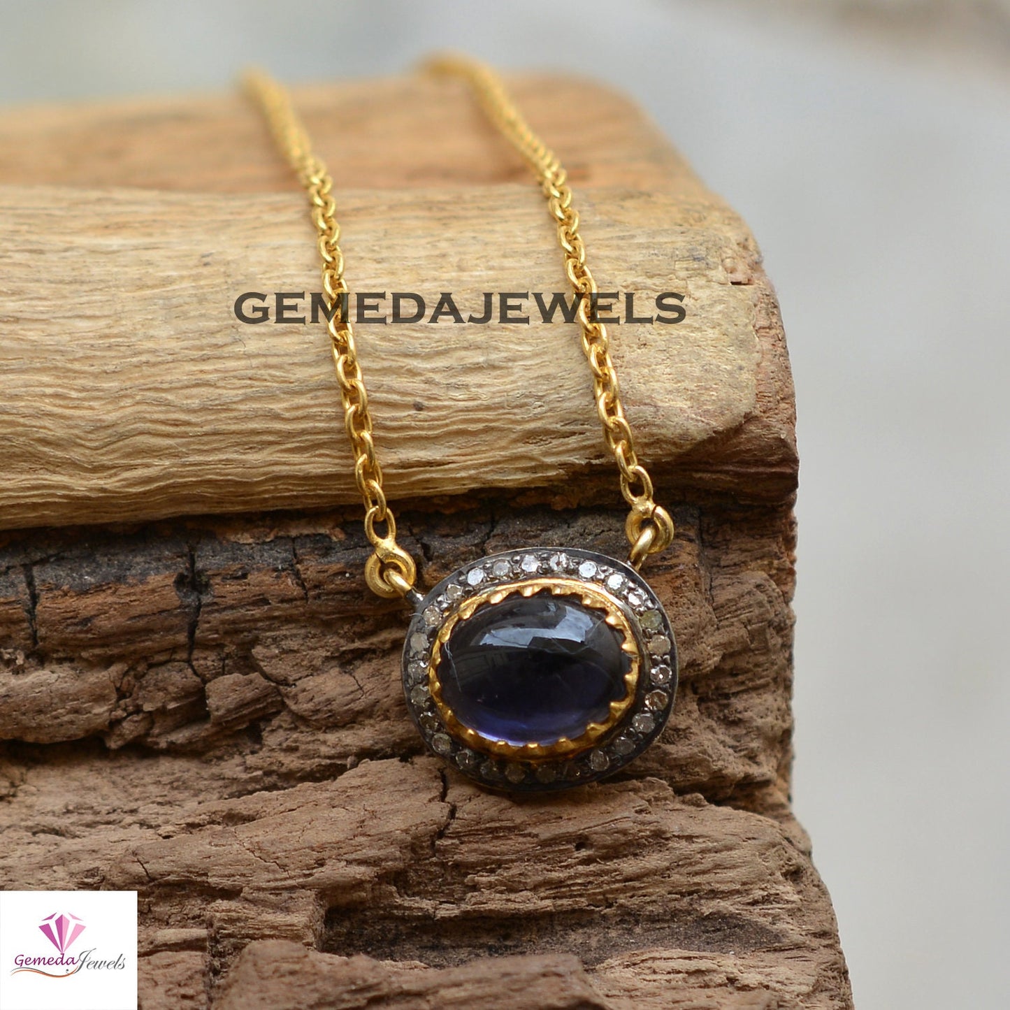 Sapphire Pendant, 925 Silver Jewelry, Pave Diamond Pendant, 14k Gold Plated 18" Link Chain, Gemstone Pendant Necklace, Minimalist Jewelry