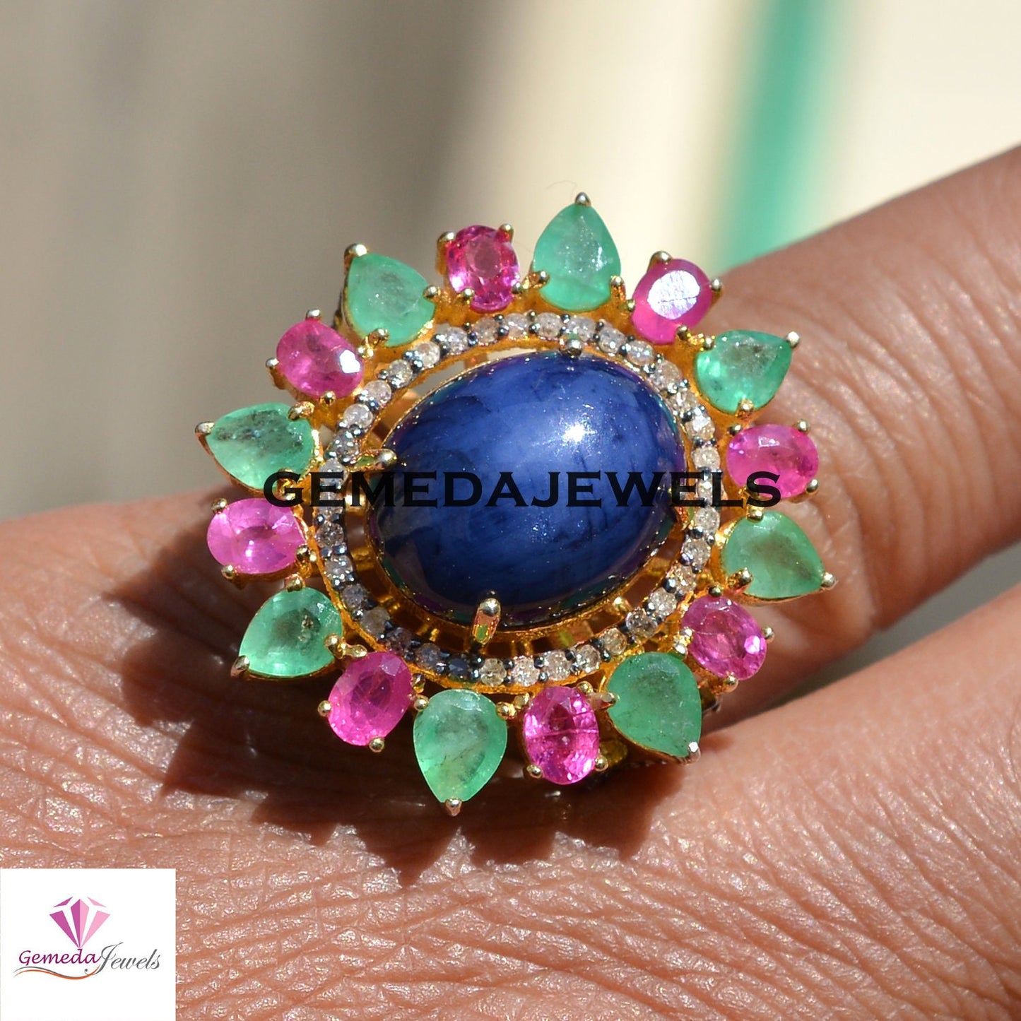 Sale Tanzanite Flower Ring, Ruby Gemstone Ring, Emerald Gemstone Ring, 14k Gold Vermeil Jewelry, 925 Silver Ring, Pave Diamond Jewelry, Gift