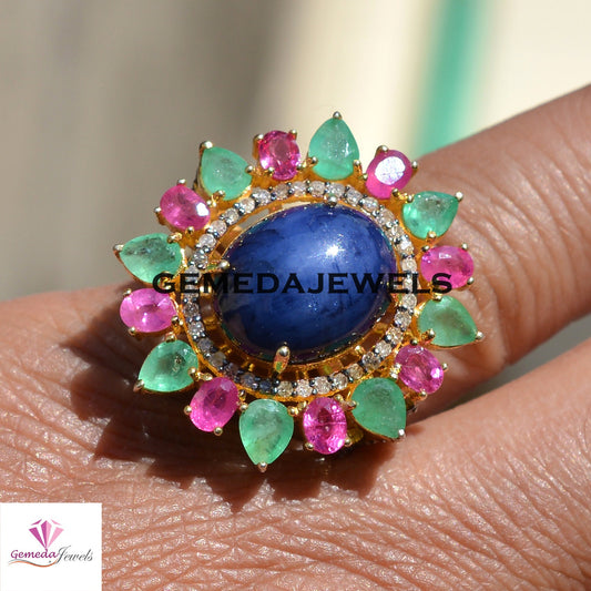 Sale Tanzanite Flower Ring, Ruby Gemstone Ring, Emerald Gemstone Ring, 14k Gold Vermeil Jewelry, 925 Silver Ring, Pave Diamond Jewelry, Gift