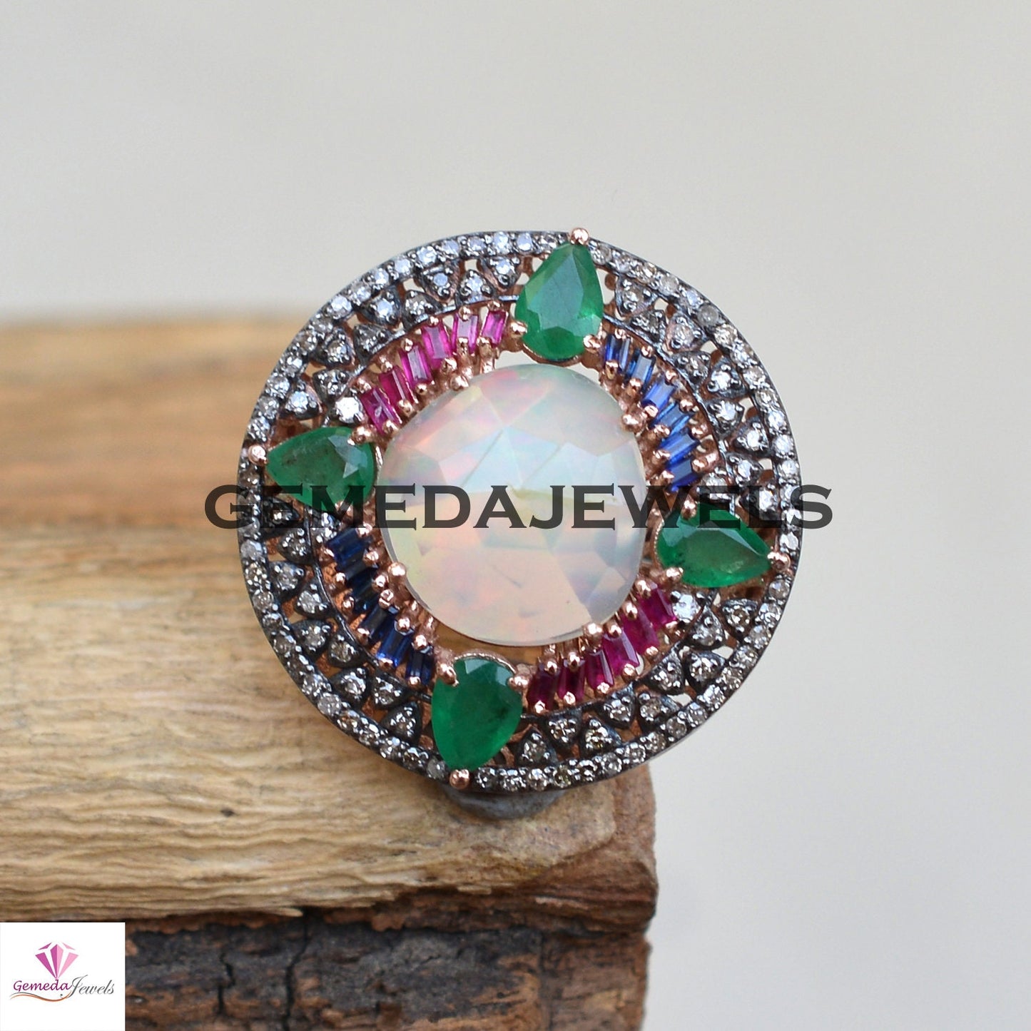 Genuine Opal 925 Silver Ring, Pave Diamond Jewelry, Baguette Gemstone Jewelry, Gemstone Diamond Flower Ring, Emerald Gemstone Ring, Gift