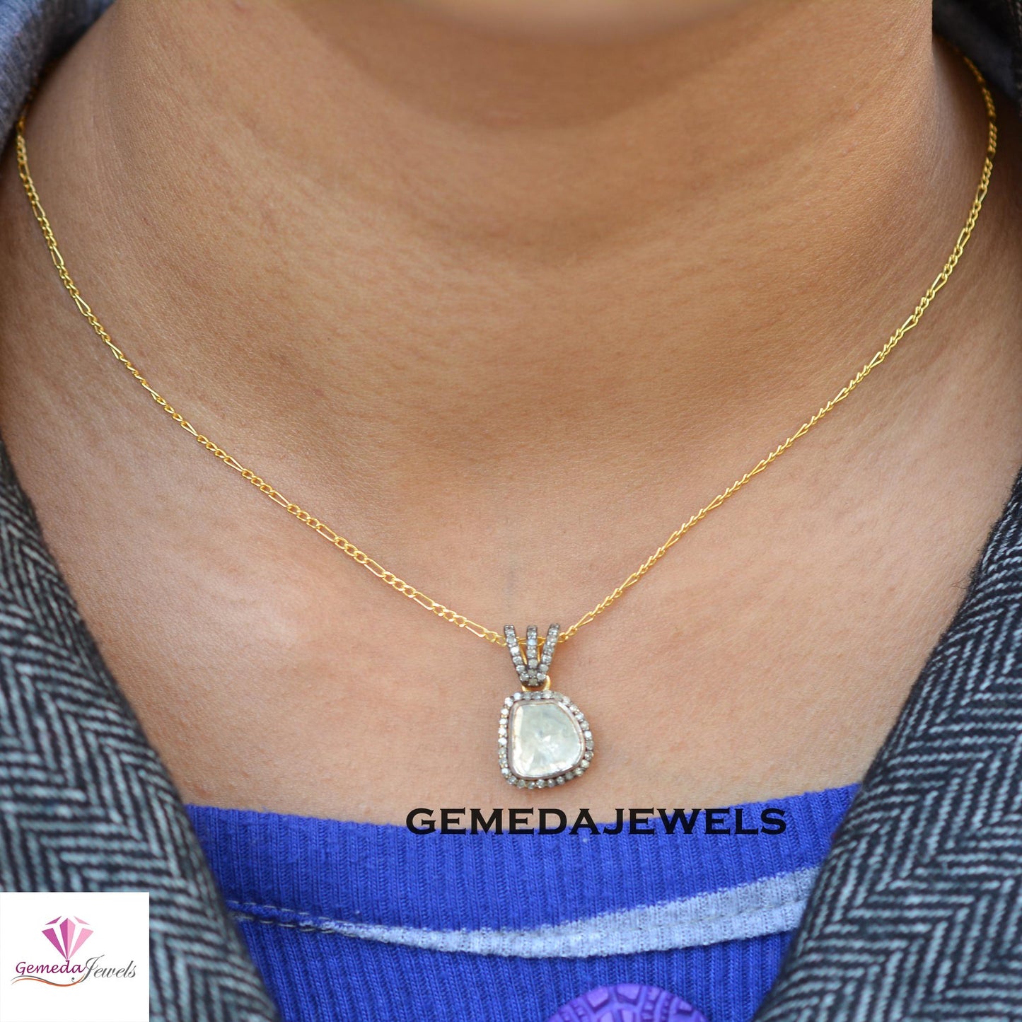 Classic Polki Diamond Pendant, 16" Link Chain Necklace, 925 Silver Jewelry, Gold Vermeil Pendant, Pave Diamond Pendant, Valentine's Day Gift