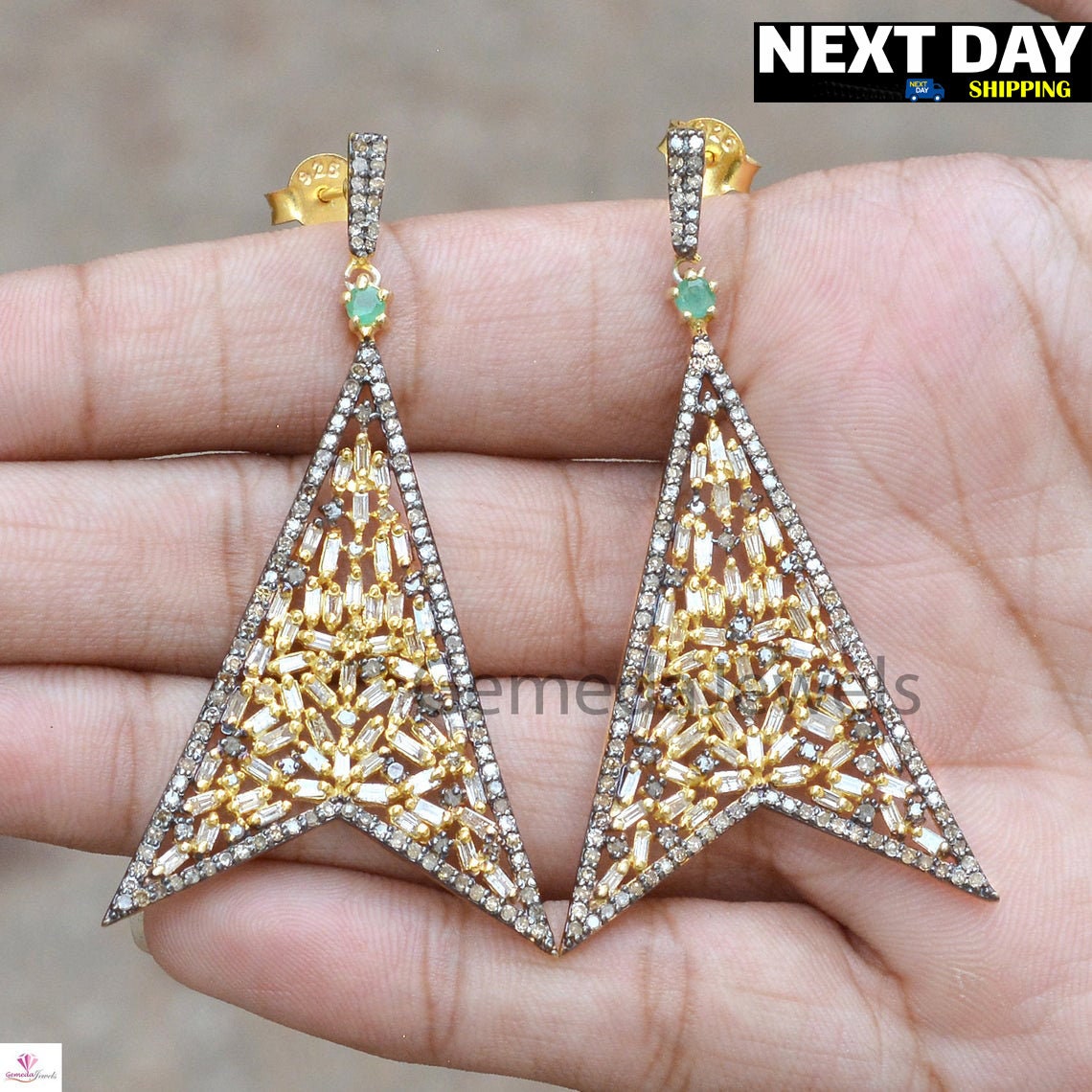 Sale! Baguette Diamond Earrings, Pave Diamond Jewelry, Emerald Gemstone Earring, 14K Gold Vermeil Earrings, 925 Silver Jewelry, Gift For her