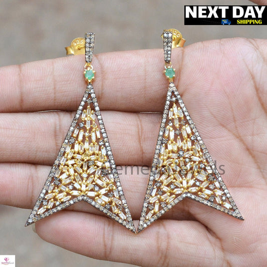Sale! Baguette Diamond Earrings, Pave Diamond Jewelry, Emerald Gemstone Earring, 14K Gold Vermeil Earrings, 925 Silver Jewelry, Gift For her