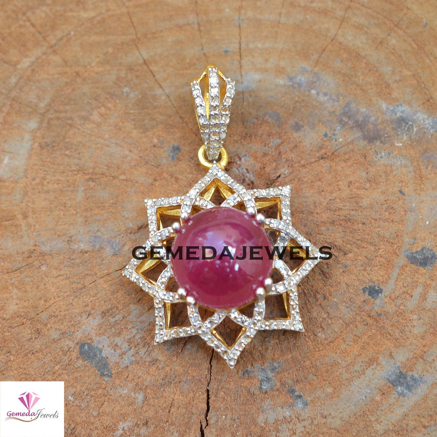 Dazzling Ruby Gemstone Pendant, 925 Silver Jewelry, 14k Gold Vermeil Pendant, Pave Diamond Jewelry, 16" Link Chain Pendant Necklace, Gift