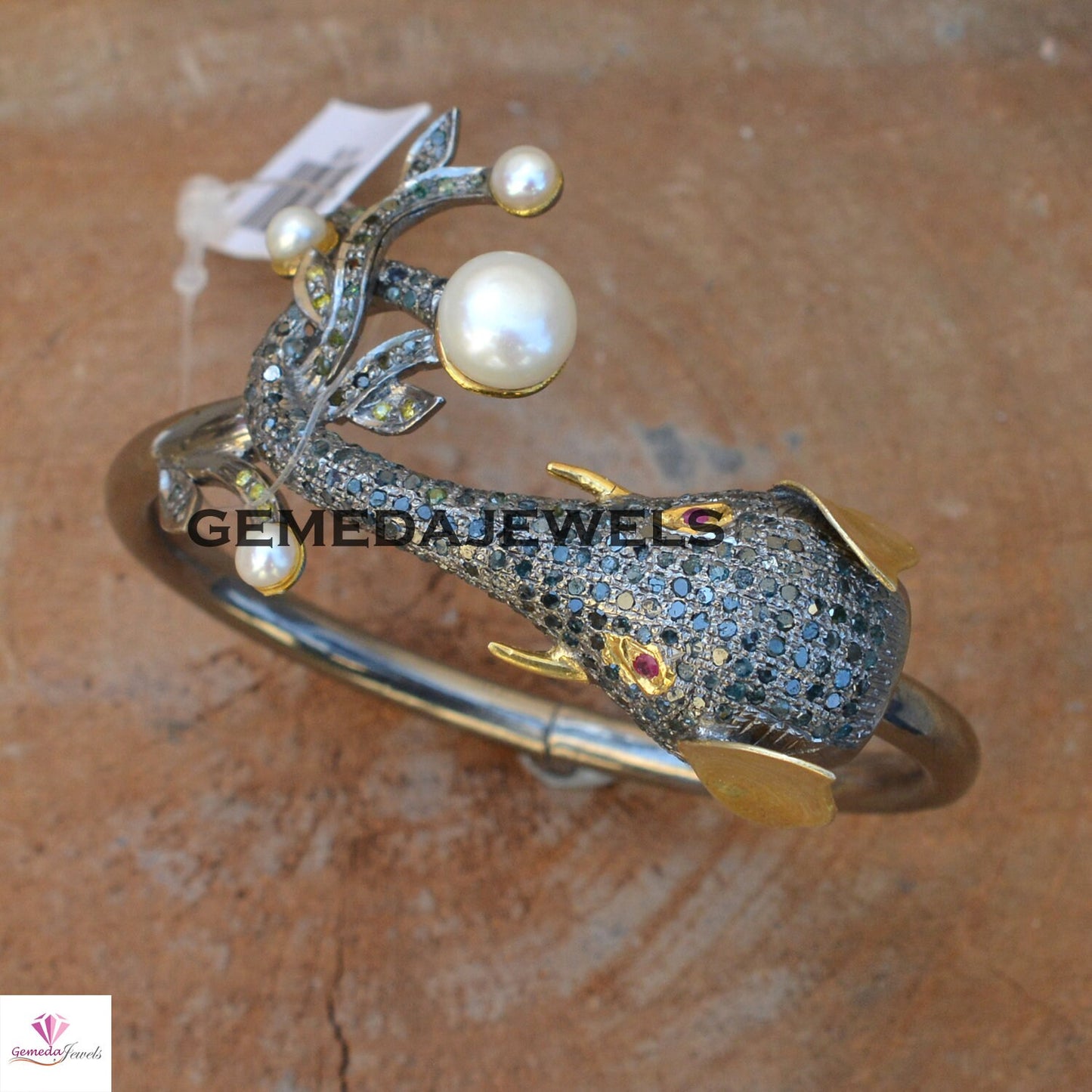 Blue Diamond Bangle, Pearl Bangle Bracelet, Elephant Bangle Bracelet, Pave Diamond Jewelry, Adjustable Bangle Bracelet, 925 Silver Jewelry