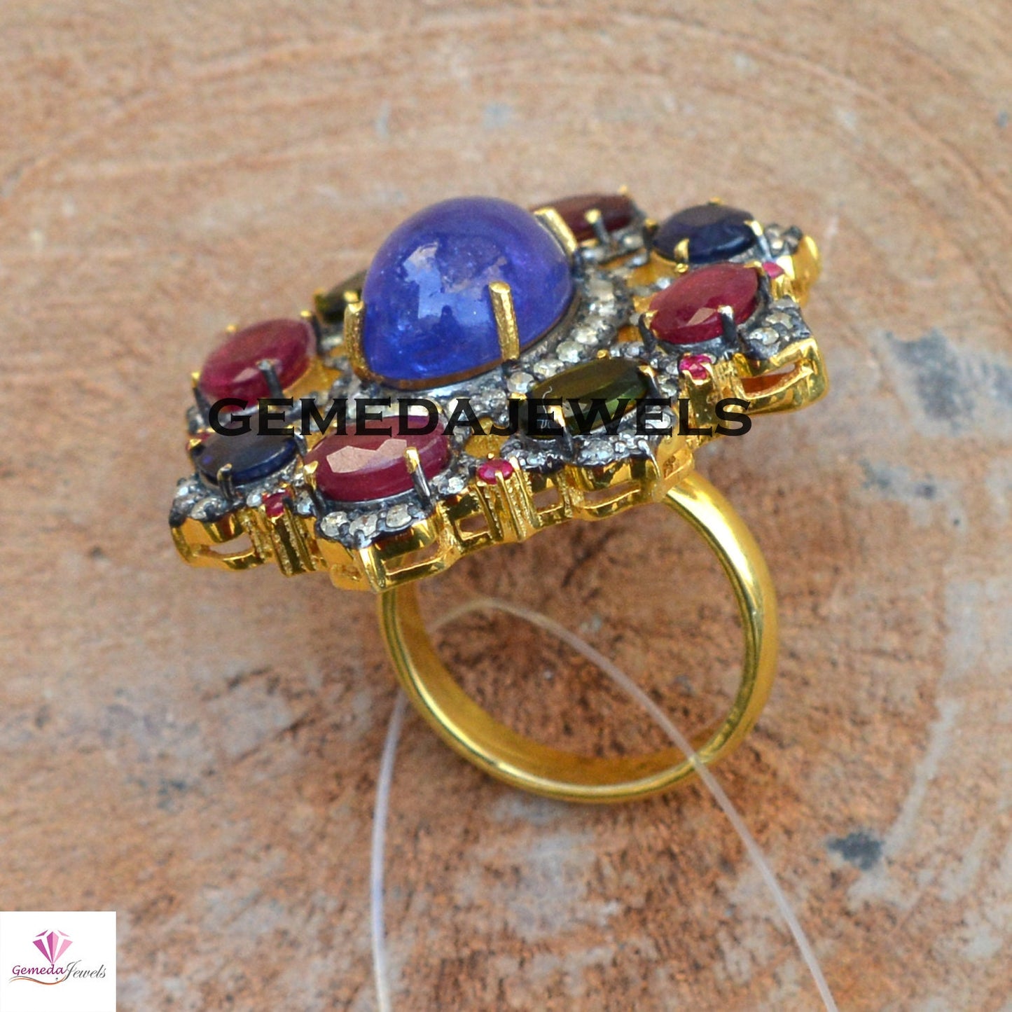 Sale! Real Tanzanite Silver Ring, Multi Gemstone Ring, Gemstone Floral Ring Jewelry, Pave Diamond Ring, 925 Silver Jewelry, Gold Filled Ring