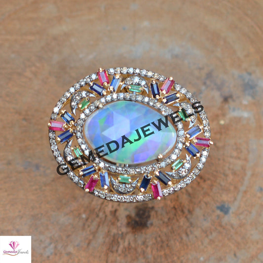 Genuine Opal Silver Ring, Pave Diamond Jewelry, Baguette Gemstone Ring, Multi Stone Jewelry, 14k Gold Vermeil Ring JEWELLERY, Gift For Her